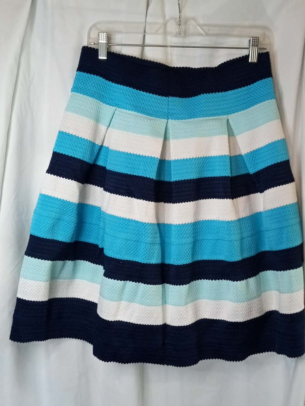 Large Office Rubber Striped Blue & White Pleated A-Line Skirt Elastic Heavy